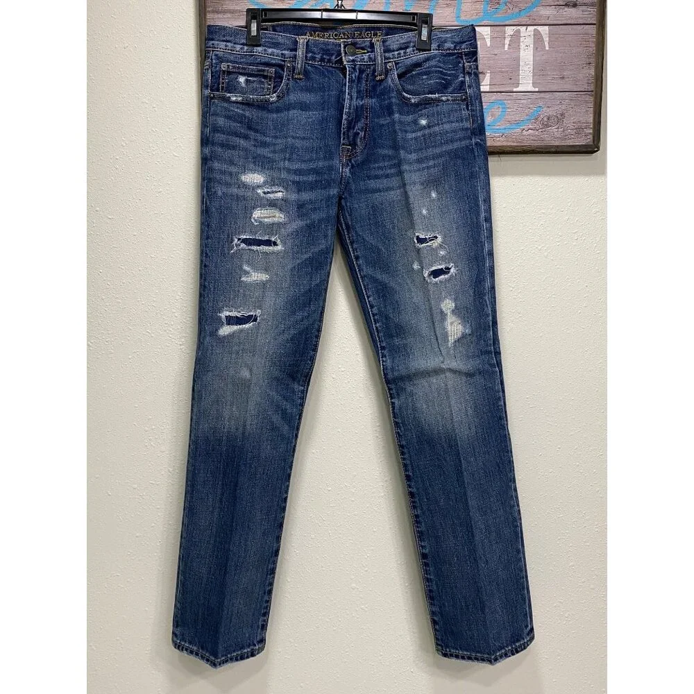American Eagle Outfitters Men’s Original Straight Jeans 32x32 Distressed Blue - Picture 6 of 15